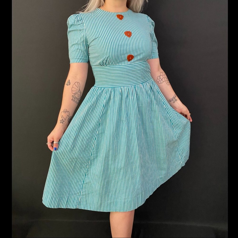 40s/50s Teal Striped Puff Sleeve Dress